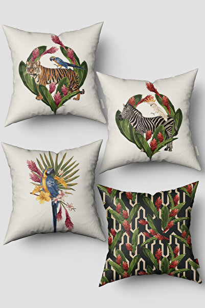 EsnafAli Set de 4 huse de pernă cu model de frunze exotice papagal bej