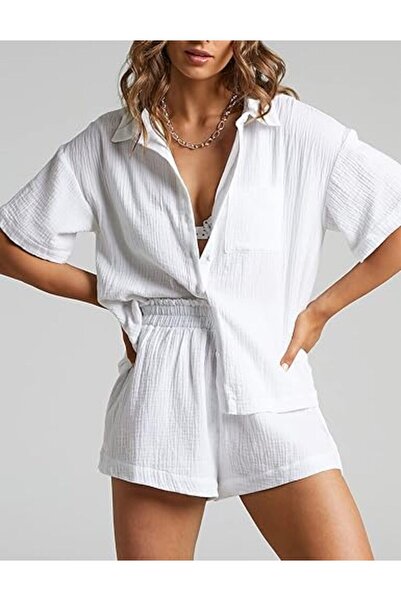 LADY HAZAL White Organic Muslin Linen Shorts Bottom Top Set Pocket Detailed Short Sleeve Shirt Set