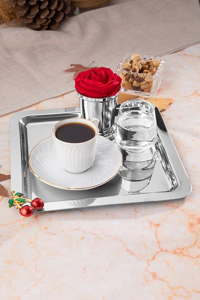 NEWTREND Züccaciye 1 Piece Luxury Cherry Silver Square Accessory Stainless Steel Coffee, Tea, Decorative Presentation Serving Tray