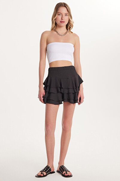 Tudors Kadın Relax Fit Rahat Kesim Beli Lastikli Piliseli Antrasit Etek