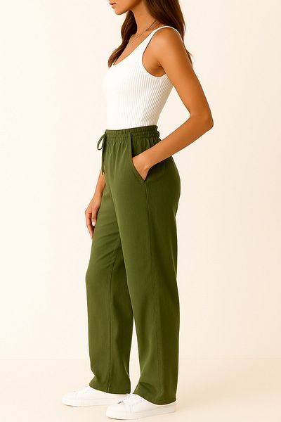 Firststops Women's Khaki Linen Pants – High Waist, Lace-Up, Loose Comfortable Fit, Casual and Stylish Use