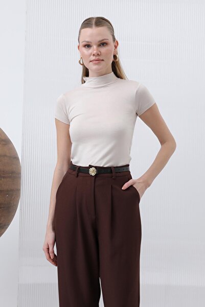 Puane Дамска блуза с къс ръкав и висока яка - 40004BLZ - бежова