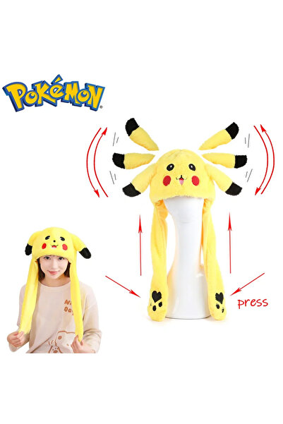 MJ TOYS Sanrio Pikaçu Şapka Kulakları Hareket Eden Şapka Işıklı Modlu Peluş Pikachu Şapka Bere Işıklı Şapka