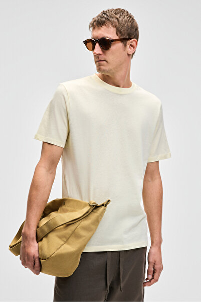 GRIMELANGE Mocassin Men's 100% Cotton Relaxed Fit Round Neck Short Sleeve Yellow T-Shirt