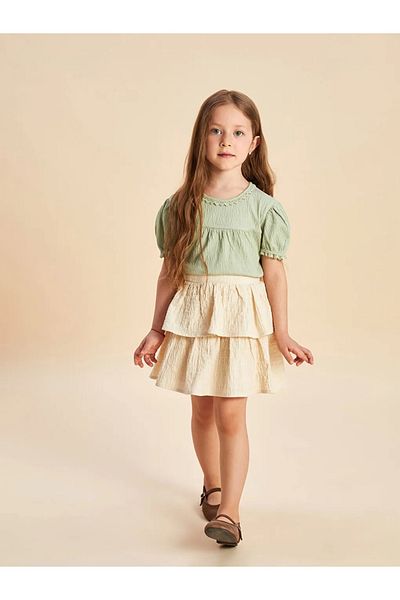 LC Waikiki Lcw Kids Beige Cotton Elastic Waist Krinkle Pleated Girl's Skirt