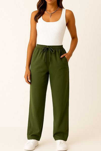 Firststops Women's Khaki Linen Pants – High Waist, Lace-Up, Loose Comfortable Fit, Casual and Stylish Use
