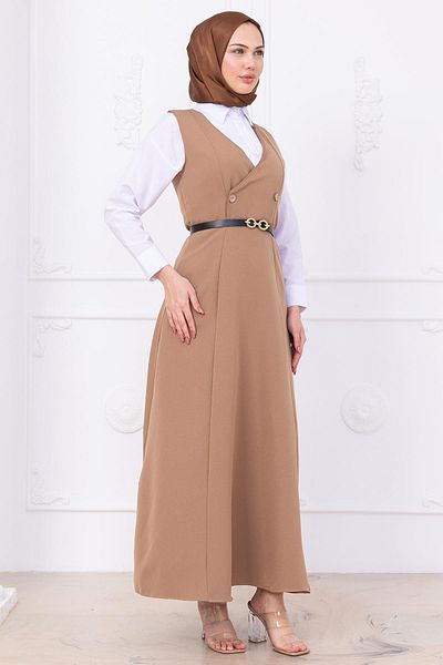 hafsamina Belted Buttoned Gilet Mink Hm2741