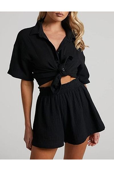 LADY HAZAL Black Organic Muslin Linen Shorts Bottom Top Set Pocket Detailed Short Sleeve Shirt Set