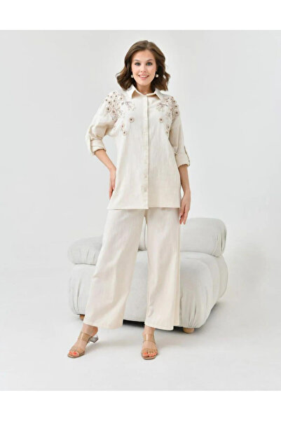 MVStore Women's Floral Patterned Embroidery Embroidered Stone Detailed Linen Oversize Shirt and Trousers