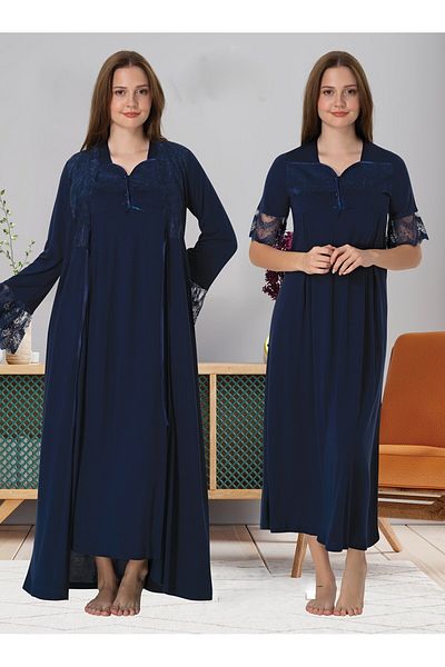 LOHOUSE Navy Blue Special Lace Cotton Maternity Nightgown-Morning Gowns and Pajamas Set 4-Piece Set