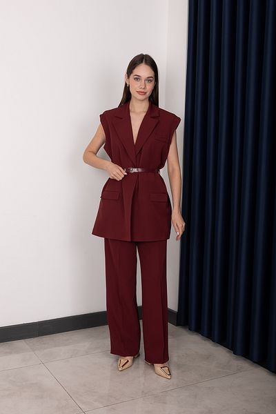 Stil Sepeti Women's Burgundy Premium Double Breasted Collar Lined Belted Long Blazer Vest Pants Suit Drl-10007855710