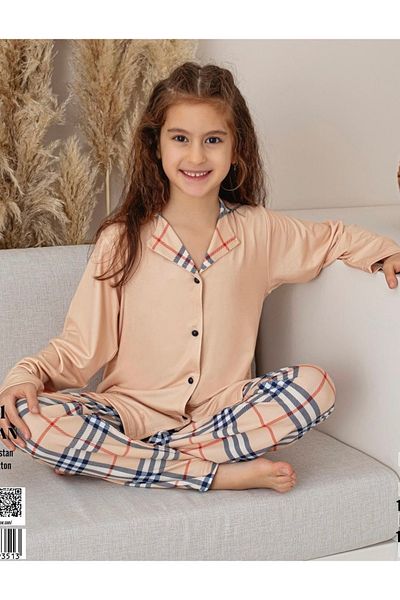 SANTRALBEBE Girl's Soft Front Buttoned Shirt Model Pajama Set