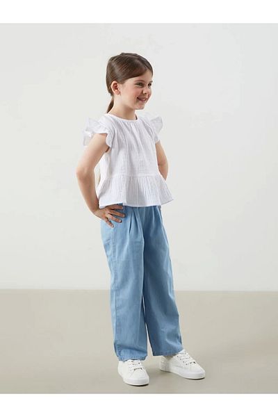 LC Waikiki Lcw Kids White Muslin Cotton Girls Blouse and Pants 2 Pcs