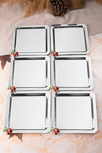 NEWTREND Züccaciye 6-Piece Luxury Cherry Silver Square Accessories Stainless Steel Coffee, Tea, Decorative Presentation Serving Tray