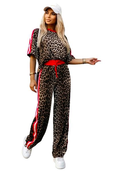 FashionForYou Felina Velvet Tracksuit, Animal Print, T-shirt And Drawstring Pants, Leopard Red, S