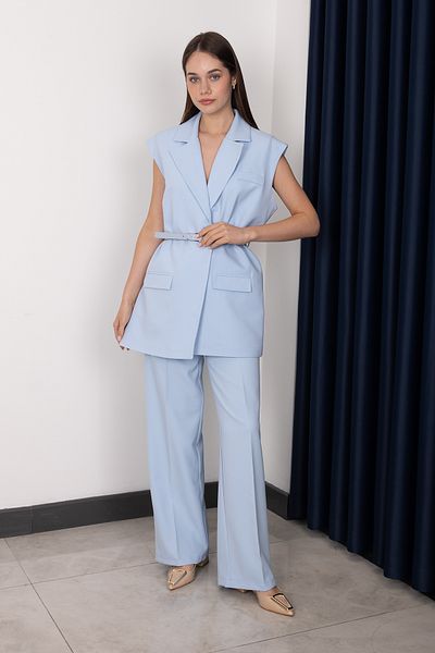 Stil Sepeti Women Blue Premium Double Breasted Collar Lined Belted Long Blazer Vest Pants Suit Drl-10007855710
