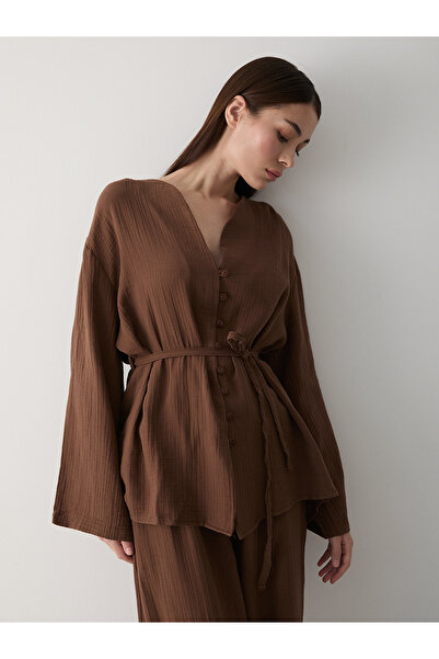 Laluvia Barna többgombos 100% pamut ing nadrágkosztüm - 8377