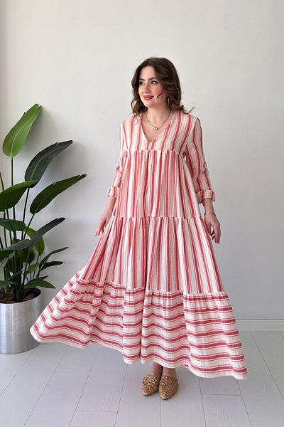 MaziButik Striped Bohemian Dress Red