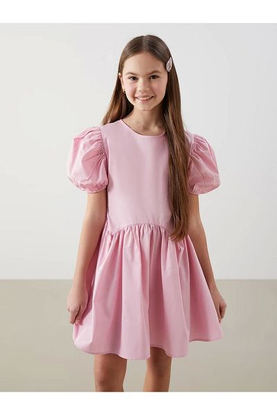 LC Waikiki Lcw Kids Pink Crew Neck 100% βαμβακερό φόρεμα για κορίτσια