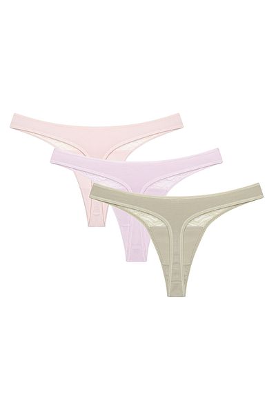 Penti Chiloți tanga multicolori din bumbac, cu detalii din dantelă, tonuri naturale