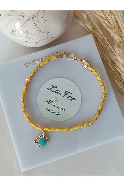 La fee aksesuar Single Blue Crab - Yellow Color Special Design Handmade Knitted Pattern Anklet