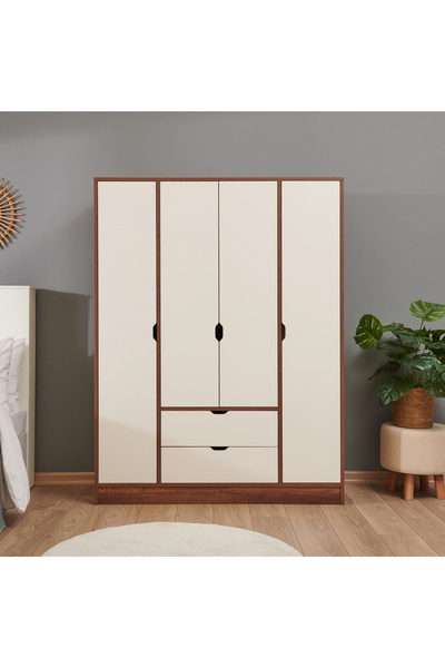 Just Home Mira 4 Kapak 2 Çekmeceli Gardırop - Barok Ceviz / Krem