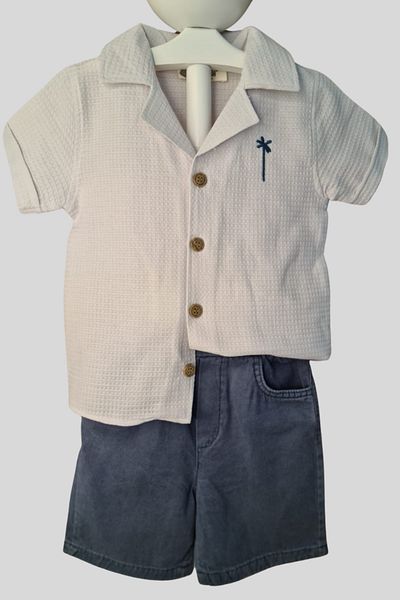 KIPIRIK BABY 2-Piece Boy's Cream Shirt Blue Shorts Suit