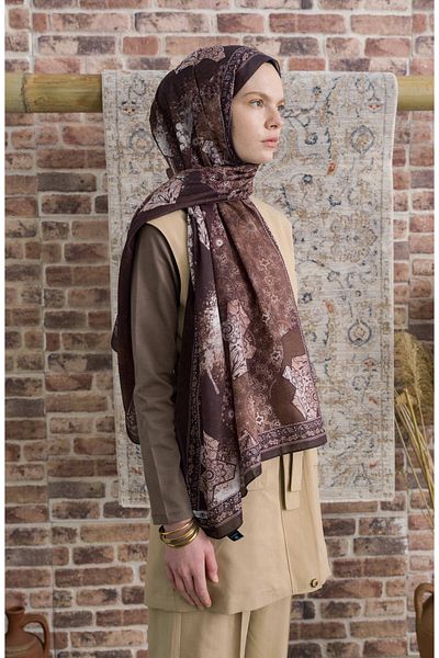 Fatma Atasoy Glorina Bitter Brown Ethnic Patterned Shawl