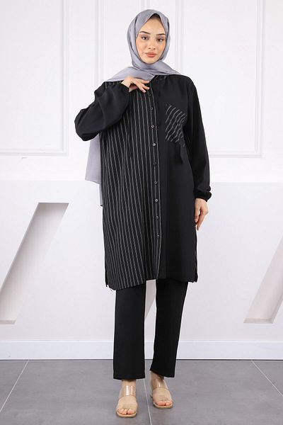 İmajButik Κοστούμι παντελόνι με μαύρη κουκούλα ριγέ τουνίκ