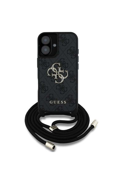 Guess Case for iPhone 16 - Guess Hardcase 4G Big Logo with Cord Strap (GUHCP16SP4GMGCRK) - Black