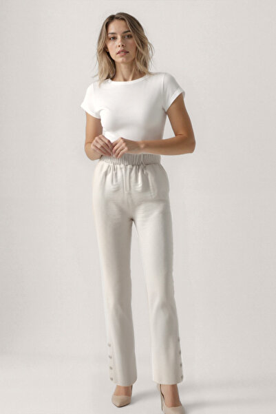 Vitrin Paçası Düğmeli Krinkıl Kumaş Pantolon