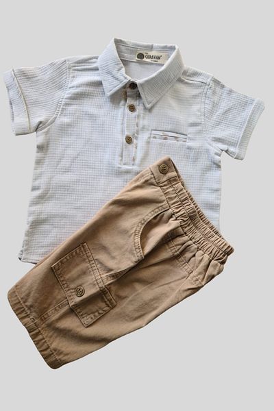 KIPIRIK BABY 2-Piece Boy's Light Blue Shirt and Brown Shorts Set