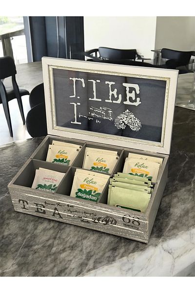 AHİR TİCARET Bamboo-Wooden 6 Compartment Tea Box with Lid