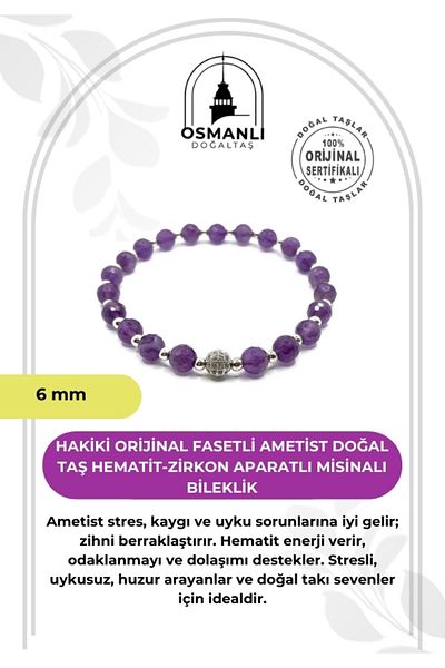 OSMANLI DOĞAL TAŞ 6mm Faceted Genuine Amethyst and Hematite-Zircon Bracelet - Certified and Line