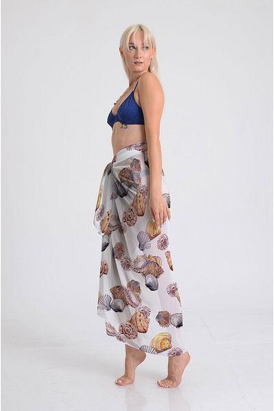 DESENİX Seashells Print Pareo - 100X145 cm - Silky Chiffon & Luxurious Satin Fabric Option- Beach Dress