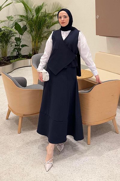 lamelif Δεμένο λεπτομερές κοστούμι Hijab Navy Blue