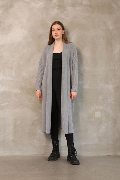 ALCHON V Fold Collar Long Sleeve Ribbed Links Knit Basic Plain Midi Length Loose Wide Fit Winter Knitwear Cardigan