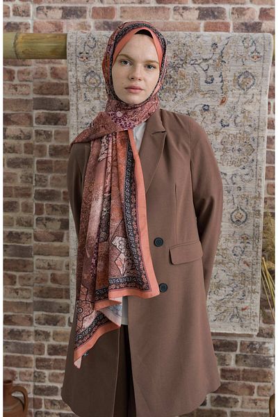 Fatma Atasoy Glorina Peach Ethnic Patterned Shawl