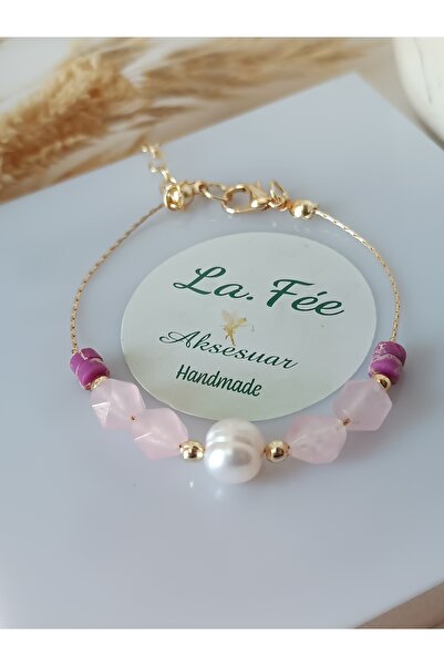 La fee aksesuar لؤلؤ الباروك الحقيقي باللون الذهبي - سوار من الأحجار الكريمة الطبيعية من الكوارتز الوردي والأرجواني