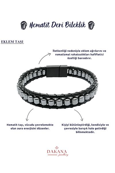 DAKANA JEWELLERY Certified Cylinder Cut Hematite Natural Stone Men's Leather Bracelet