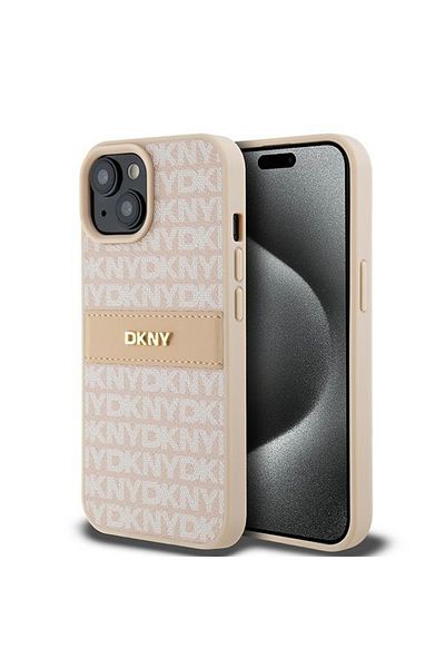 Dkny IPhone 15 Case - DKNY Leather Mono Stripe & Metal Logo (DKHCP15SPRTHSLP) - Pink