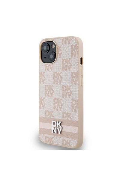 Dkny IPhone 15 Plus Case - DKNY Leather Checkered Mono Pattern & Printed Stripes (DKHCP15MPCPTSSP) - Pink