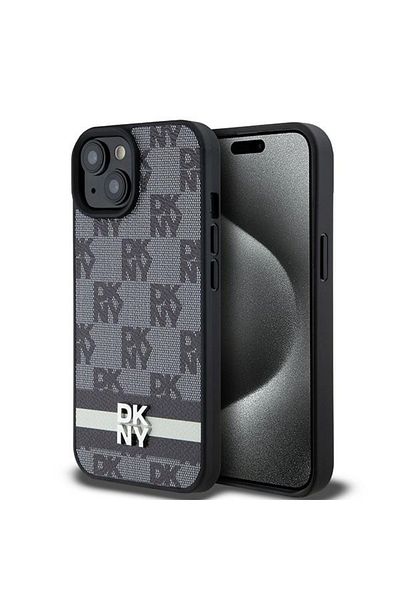 Dkny IPhone 15 Case - DKNY Leather Checkered Mono Pattern & Printed Stripes (DKHCP15SPCPTSSK) - Black