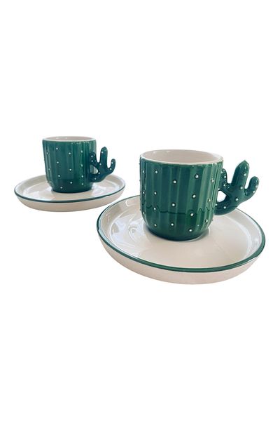 Great Fast Cactus Patterned Coffee Cup Set of 2 – Handmade Look, Stylish and Modern Gift