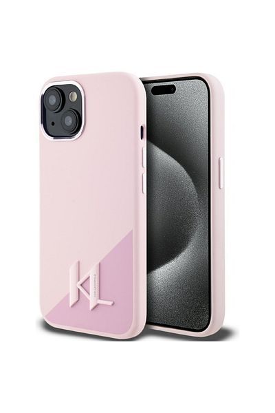 Karl Lagerfeld Carcasă pentru iPhone 15 - Karl Lagerfeld Silicon MagSafe (KLHMP15SSCMKMPCP) - Inițiale metalice cu umbră roz