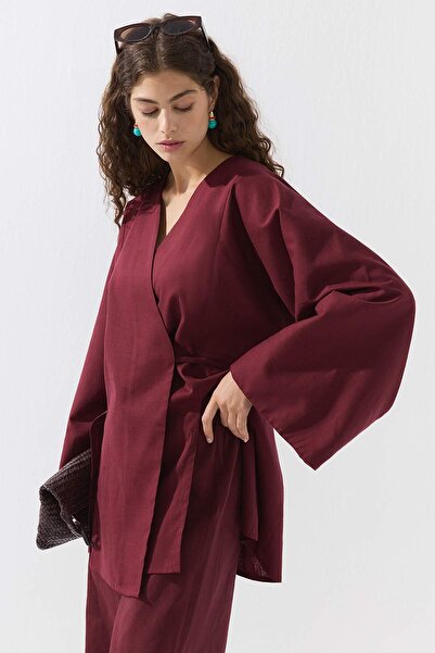 Hooopstore Lyocell Linen Lacing Detailed Burgundy Kimono