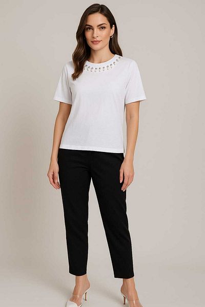 gigigiyim Women's T-Shirt White with Bead Detail on the Collar