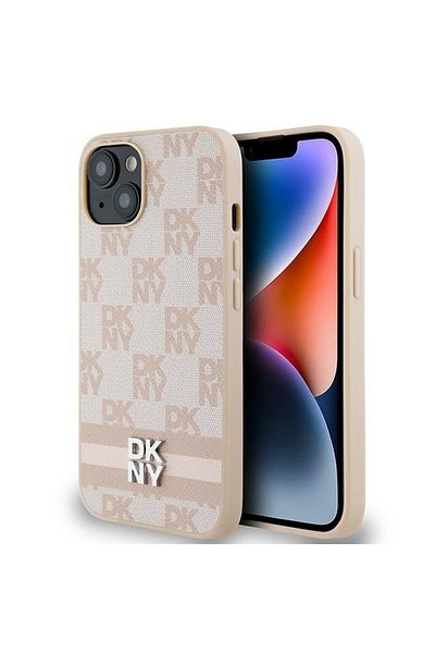 Dkny IPhone 15 Plus Case - DKNY Leather Checkered Mono Pattern & Printed Stripes (DKHCP15MPCPTSSP) - Pink