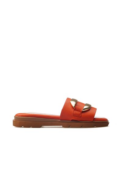Mammamia Women's Genuine Leather Buckle Detailed Daily Slippers 25Y D25Yt-1375 Z Red