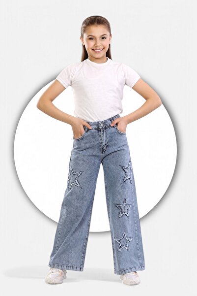 ModiClas % 100 Pamuk-Taş Yıkamalı-Yıldız Nakış Detaylı-Kız Çocuk Kot Palazzo